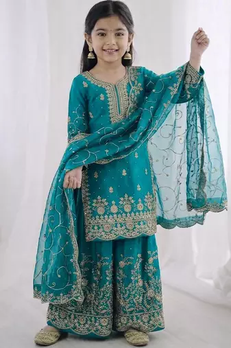 teal embroidered silk blend girls palazzo suit