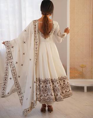 White Roman Silk Embroidered Sequence Anarkali Set with Dupatta 3