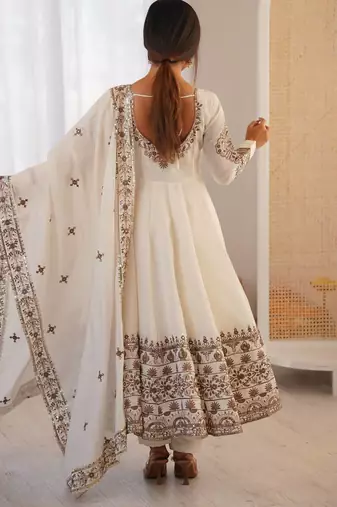 White Roman Silk Embroidered Sequence Anarkali Set with Dupatta