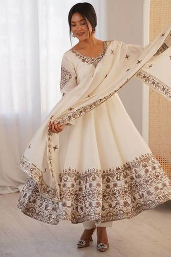 White Roman Silk Embroidered Sequence Anarkali Set with Dupatta