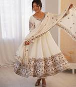 White Roman Silk Embroidered Sequence Anarkali Set with Dupatta