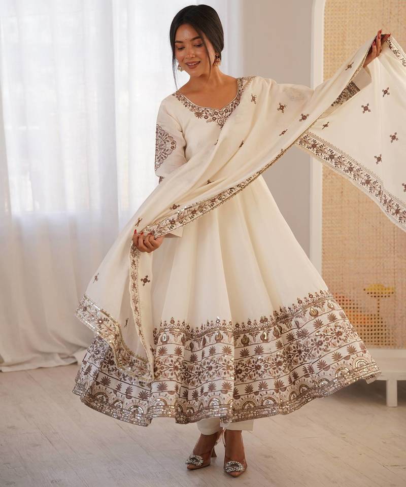 White Roman Silk Embroidered Sequence Anarkali Set with Dupatta