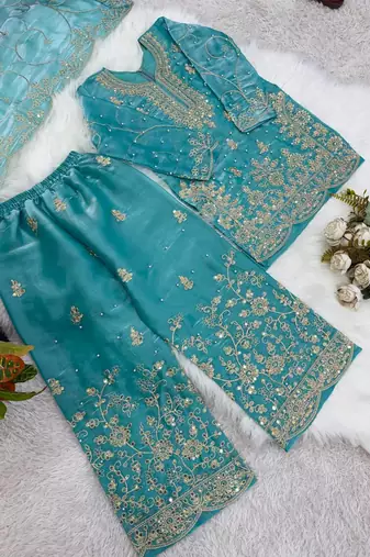 teal embroidered silk blend girls palazzo suit