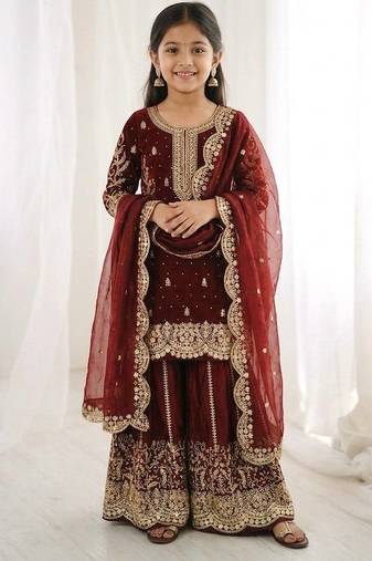 Girls heavy embroidery ethnic kurta and palazzo set with net dupatta