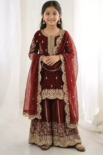 Girls heavy embroidery ethnic kurta and palazzo set with net dupatta