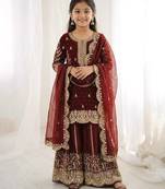Girls heavy embroidery ethnic kurta and palazzo set with net dupatta
