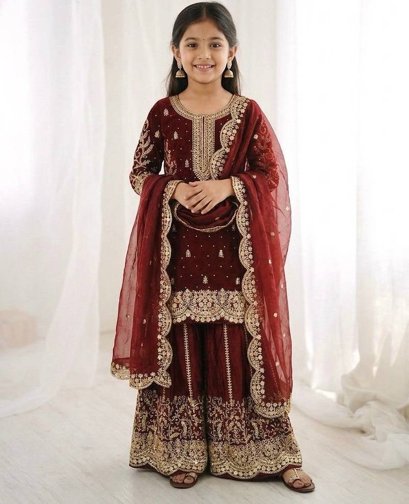 Girls heavy embroidery ethnic kurta and palazzo set with net dupatta