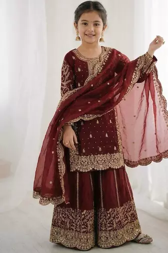 maroon embroidered palazzo set for girls