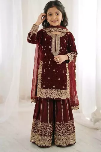 maroon embroidered palazzo set for girls