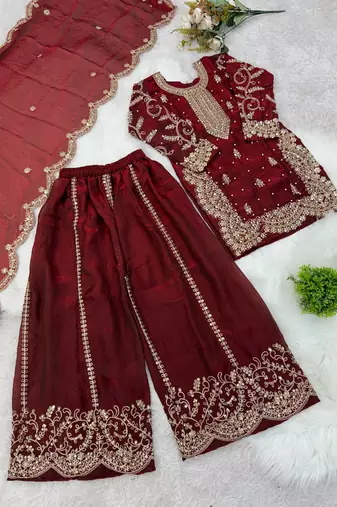 maroon embroidered palazzo set for girls