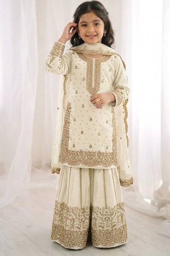 Girls heavy embroidery ethnic kurta and palazzo set with net dupatta