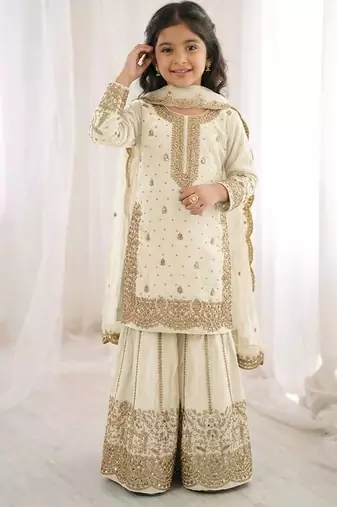 Girls heavy embroidery ethnic kurta and palazzo set with net dupatta
