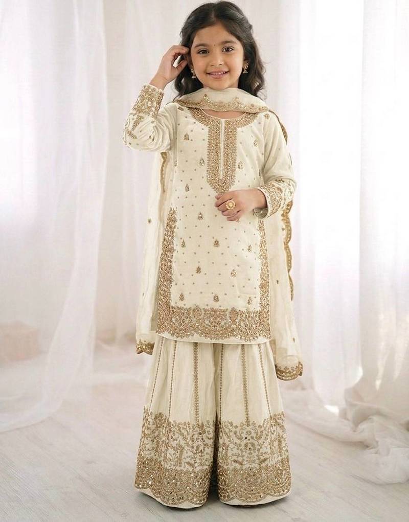Girls heavy embroidery ethnic kurta and palazzo set with net dupatta
