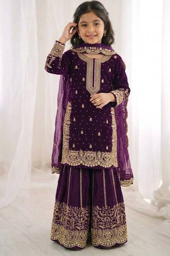 Girls heavy embroidery ethnic kurta and palazzo set with net dupatta