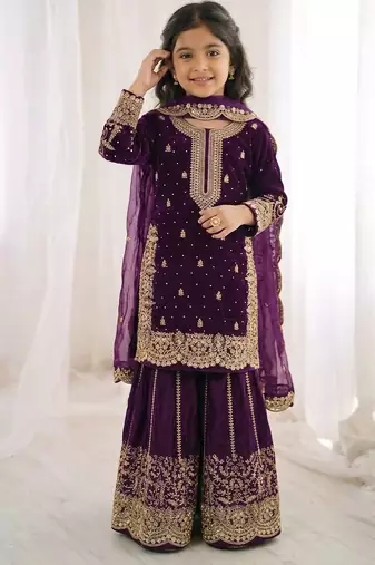 Girls heavy embroidery ethnic kurta and palazzo set with net dupatta