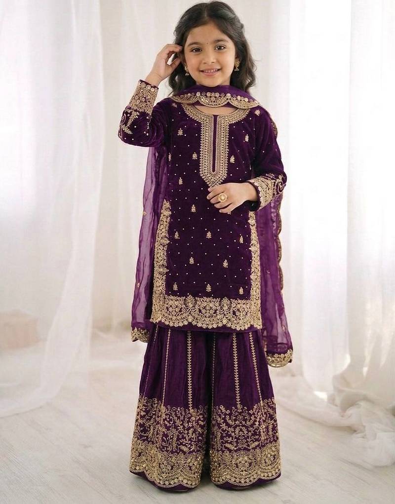 Girls heavy embroidery ethnic kurta and palazzo set with net dupatta