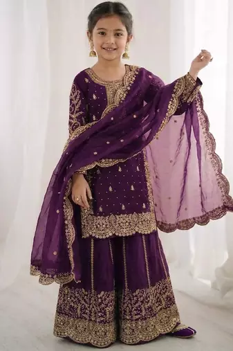 purple embroidery kurta palazzo set for girls