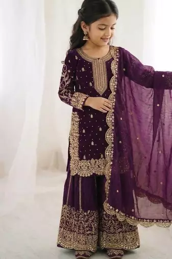 purple embroidery kurta palazzo set for girls