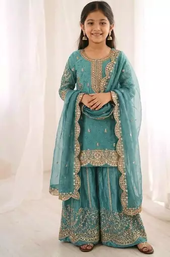 Girls heavy embroidery ethnic kurta and palazzo set with net dupatta