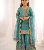 Girls heavy embroidery ethnic kurta and palazzo set with net dupatta