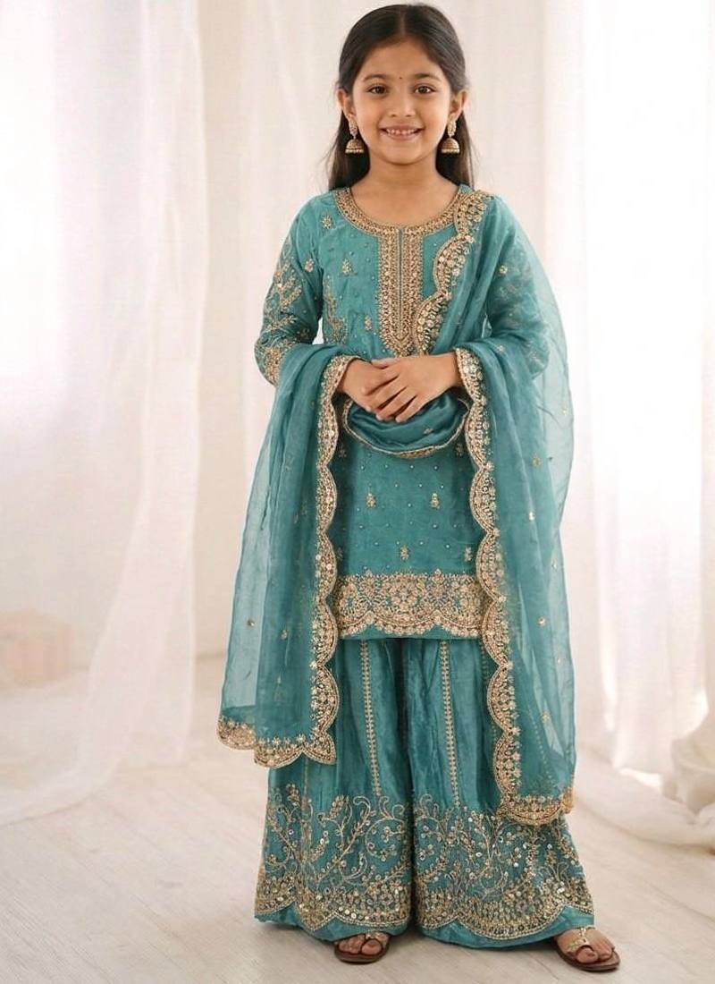 Girls heavy embroidery ethnic kurta and palazzo set with net dupatta