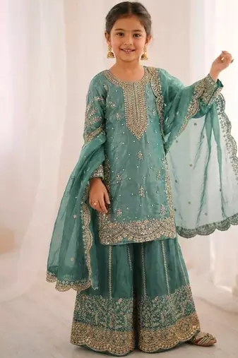 turquoise embroidered palazzo set for girls