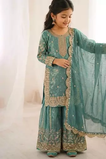 turquoise embroidered palazzo set for girls