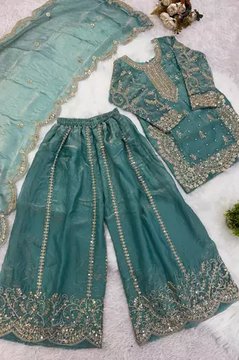 turquoise embroidered palazzo set for girls