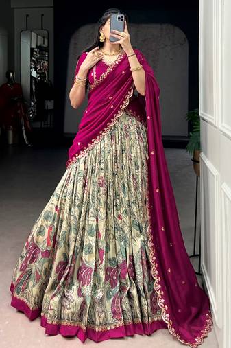 Beautiful Cream Kalamkari Printed Silk Event Wear Half Saree Lehenga