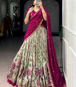 Beautiful Cream Kalamkari Printed Silk Event Wear Half Saree Lehenga