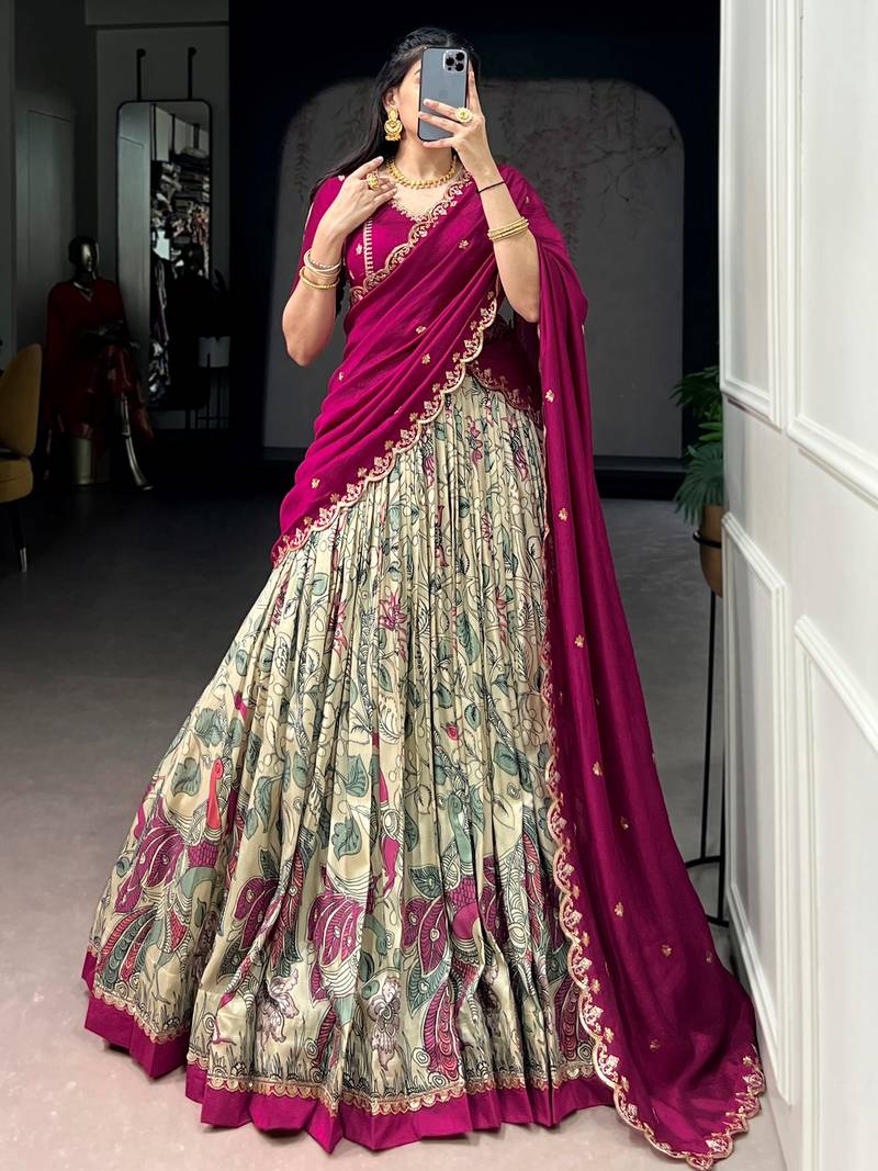 Beautiful Cream Kalamkari Printed Silk Event Wear Half Saree Lehenga