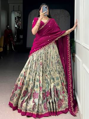 cream kalamkari printed silk half saree lehenga 2
