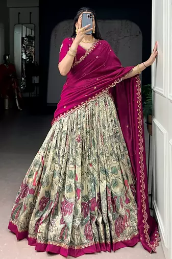 cream kalamkari printed silk half saree lehenga
