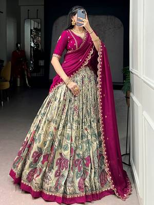 cream kalamkari printed silk half saree lehenga 3