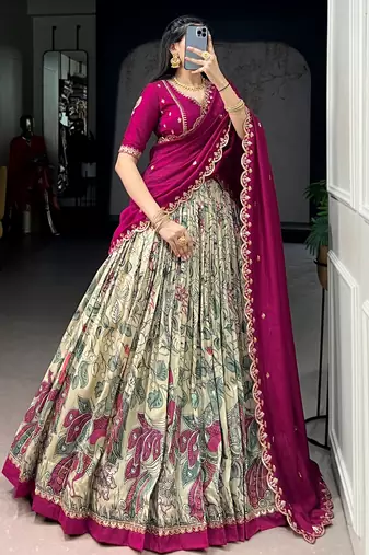 cream kalamkari printed silk half saree lehenga