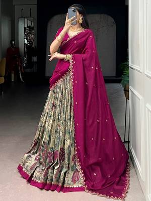 cream kalamkari printed silk half saree lehenga 4