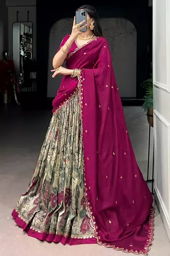 cream kalamkari printed silk half saree lehenga