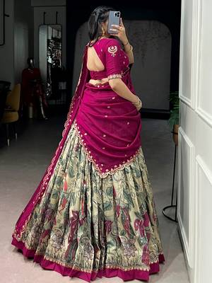 cream kalamkari printed silk half saree lehenga 5