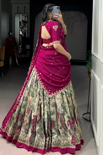 cream kalamkari printed silk half saree lehenga