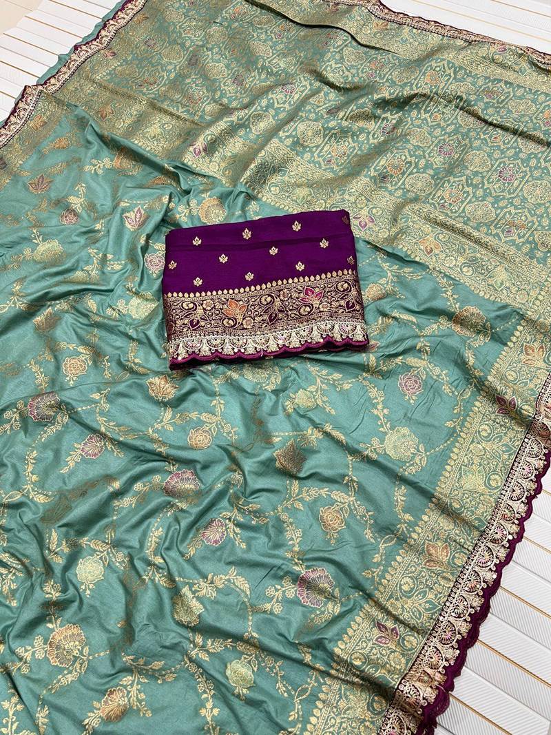 Sea Green Color Embroidery cording sequance and thread work   Dolla silk  Saree 