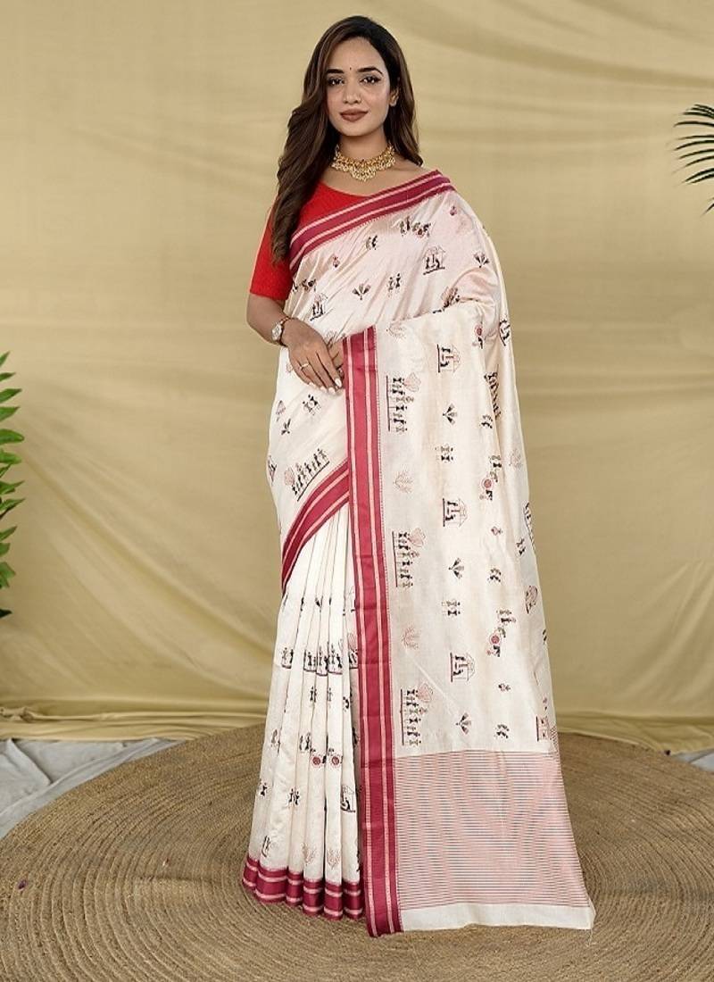 Red Color machine woven multi thread Work Silk Saree