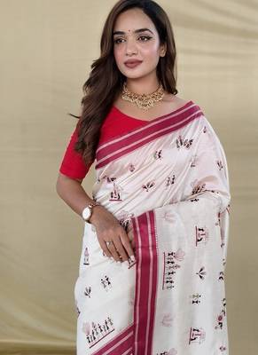 Red Color machine woven multi thread Work art silk saree 2
