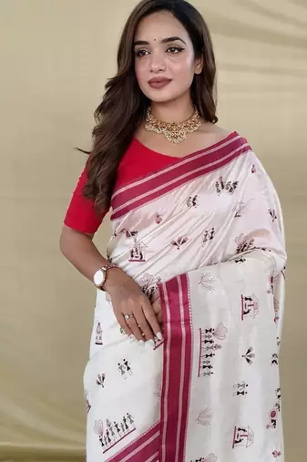Red Color machine woven multi thread Work art silk saree