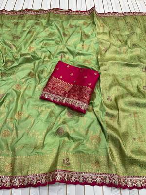 parrot green embroidery work dola silk saree 2