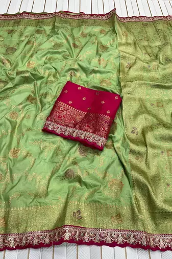 parrot green embroidery work dola silk saree