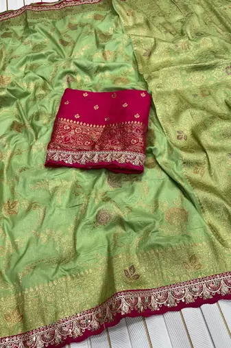parrot green embroidery work dola silk saree