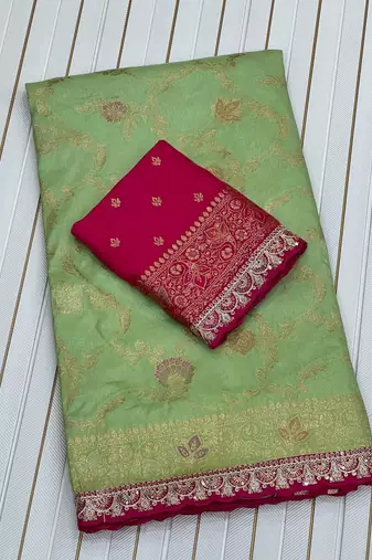 Parrot Green Color Embroidery cording sequin and thread work  Dolla silk blend Saree 
