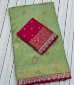 Parrot Green Color Embroidery cording sequin and thread work  Dolla silk blend Saree 