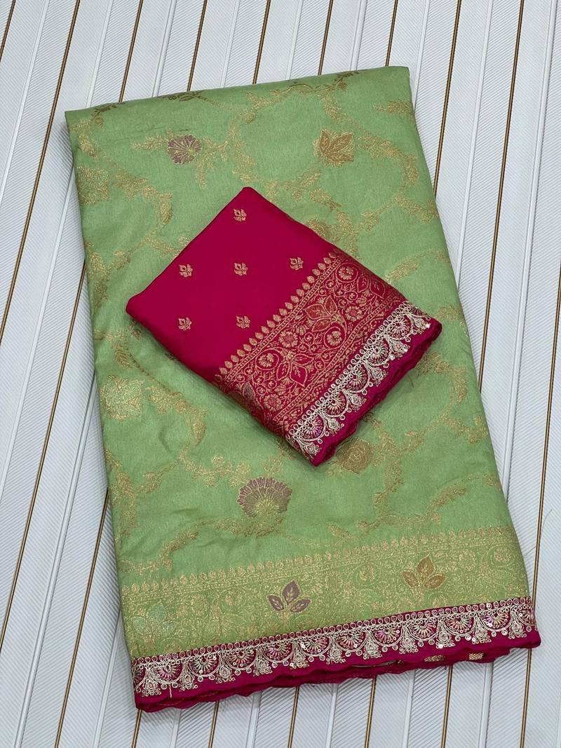 Parrot Green Color Embroidery cording sequin and thread work  Dolla silk blend Saree 