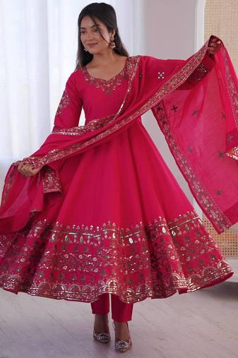 Rani pink  Roman Silk Embroidered Sequence Anarkali Set with Dupatta